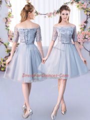 Popular Grey Tulle Lace Up Court Dresses for Sweet 16 Short Sleeves Knee Length Lace and Belt