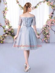 Popular Grey Tulle Lace Up Court Dresses for Sweet 16 Short Sleeves Knee Length Lace and Belt