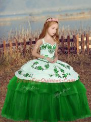 Fashionable Floor Length Green Kids Pageant Dress Straps Sleeveless Zipper