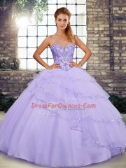 Edgy Sleeveless Beading and Ruffled Layers Lace Up Sweet 16 Dress with Lavender Brush Train