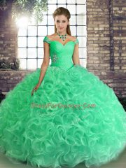 Turquoise Ball Gowns Fabric With Rolling Flowers Off The Shoulder Sleeveless Beading Floor Length Lace Up Sweet 16 Dress