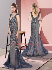 Stylish Tulle Sleeveless Evening Dress Sweep Train and Beading