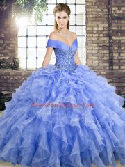 Lavender Ball Gowns Off The Shoulder Sleeveless Organza Brush Train Lace Up Beading and Ruffles Vestidos de Quinceanera