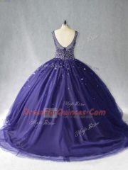 Cute Purple Tulle Zipper Scoop Sleeveless Floor Length Quinceanera Gowns Beading