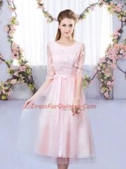 Baby Pink Tulle Lace Up Scoop Half Sleeves Tea Length Vestidos de Damas Lace and Belt