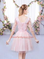 Baby Pink Tulle Lace Up Scoop Half Sleeves Tea Length Vestidos de Damas Lace and Belt