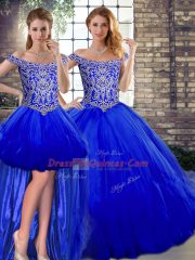 Royal Blue Lace Up Off The Shoulder Beading and Ruffles Quinceanera Gowns Tulle Sleeveless