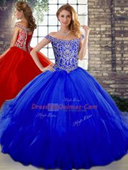 Royal Blue Lace Up Off The Shoulder Beading and Ruffles Quinceanera Gowns Tulle Sleeveless