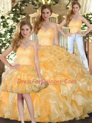 Custom Made Floor Length Gold Sweet 16 Dresses Sweetheart Sleeveless Lace Up