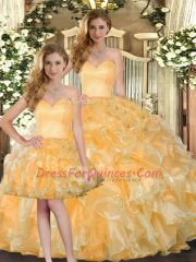 Custom Made Floor Length Gold Sweet 16 Dresses Sweetheart Sleeveless Lace Up