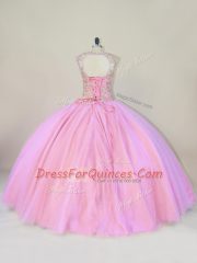 Fashionable Pink Lace Up Scoop Beading 15th Birthday Dress Tulle Sleeveless