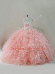 Customized Beading and Ruffles Quinceanera Gowns Peach Lace Up Sleeveless Floor Length