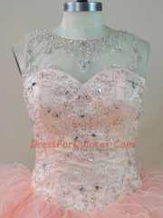 Customized Beading and Ruffles Quinceanera Gowns Peach Lace Up Sleeveless Floor Length