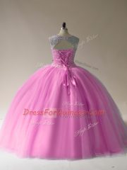 Elegant Baby Pink Sleeveless Tulle Lace Up Vestidos de Quinceanera for Sweet 16 and Quinceanera
