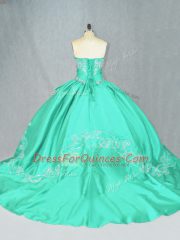 Sleeveless Court Train Embroidery Lace Up Ball Gown Prom Dress
