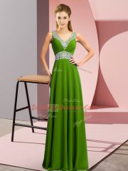 Ideal Green V-neck Neckline Beading Prom Evening Gown Sleeveless Lace Up