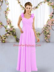 Super Lilac Chiffon Lace Up Straps Sleeveless Floor Length Dama Dress for Quinceanera Hand Made Flower