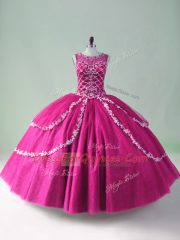 Sleeveless Tulle Floor Length Zipper Quinceanera Gown in Fuchsia with Beading and Appliques
