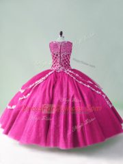 Sleeveless Tulle Floor Length Zipper Quinceanera Gown in Fuchsia with Beading and Appliques