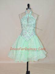 Apple Green Evening Dress Prom and Party with Beading Halter Top Sleeveless Lace Up