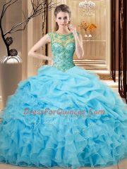 Artistic Baby Blue Organza Lace Up Scoop Sleeveless Floor Length Sweet 16 Quinceanera Dress Beading and Ruffles