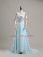 Graceful Baby Blue Chiffon Side Zipper Prom Gown Sleeveless Brush Train Beading