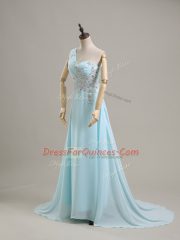 Graceful Baby Blue Chiffon Side Zipper Prom Gown Sleeveless Brush Train Beading