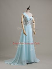 Graceful Baby Blue Chiffon Side Zipper Prom Gown Sleeveless Brush Train Beading