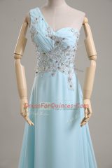 Graceful Baby Blue Chiffon Side Zipper Prom Gown Sleeveless Brush Train Beading