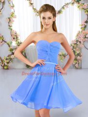 Noble Sleeveless Mini Length Ruching Lace Up Damas Dress with Baby Blue