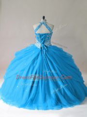 Floor Length Baby Blue Quince Ball Gowns Halter Top Sleeveless Lace Up