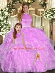 Hot Sale Lilac Quinceanera Dress Sweet 16 and Quinceanera with Beading and Ruffles Halter Top Sleeveless Backless