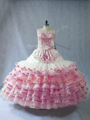 Sweetheart Sleeveless Lace Up Sweet 16 Quinceanera Dress Pink And White Organza