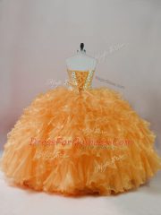 Orange Quince Ball Gowns Sweet 16 and Quinceanera with Beading and Ruffles Sweetheart Sleeveless Lace Up