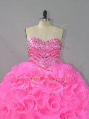 Fashion Hot Pink Sleeveless Floor Length Beading and Ruffles Lace Up Sweet 16 Quinceanera Dress
