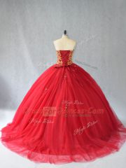 Stunning Red Ball Gowns Tulle Sweetheart Sleeveless Beading Lace Up Quinceanera Gowns Brush Train