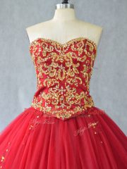 Stunning Red Ball Gowns Tulle Sweetheart Sleeveless Beading Lace Up Quinceanera Gowns Brush Train