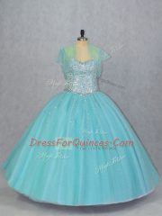 Eye-catching Aqua Blue Lace Up Sweetheart Beading Sweet 16 Dress Tulle Sleeveless