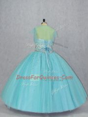 Eye-catching Aqua Blue Lace Up Sweetheart Beading Sweet 16 Dress Tulle Sleeveless