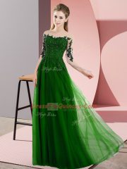 Floor Length Green Quinceanera Court Dresses Bateau Half Sleeves Lace Up