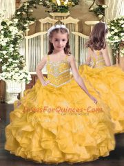 Gold Organza Lace Up Straps Sleeveless Floor Length Kids Pageant Dress Beading and Ruffles