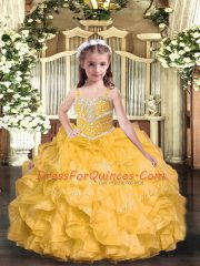 Gold Organza Lace Up Straps Sleeveless Floor Length Kids Pageant Dress Beading and Ruffles