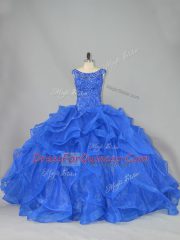 Lovely Royal Blue Sweet 16 Dresses Organza Brush Train Sleeveless Beading and Ruffles
