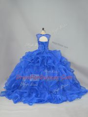 Lovely Royal Blue Sweet 16 Dresses Organza Brush Train Sleeveless Beading and Ruffles