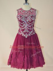 Beauteous Burgundy A-line Scoop Sleeveless Tulle Mini Length Lace Up Beading and Lace