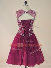 Beauteous Burgundy A-line Scoop Sleeveless Tulle Mini Length Lace Up Beading and Lace