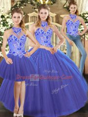 Three Pieces Quince Ball Gowns Blue Halter Top Sleeveless Floor Length Lace Up