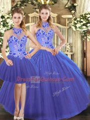 Three Pieces Quince Ball Gowns Blue Halter Top Sleeveless Floor Length Lace Up