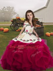Cheap Floor Length Fuchsia Child Pageant Dress Straps Sleeveless Lace Up