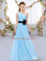 Aqua Blue Sleeveless Floor Length Belt Zipper Dama Dress
